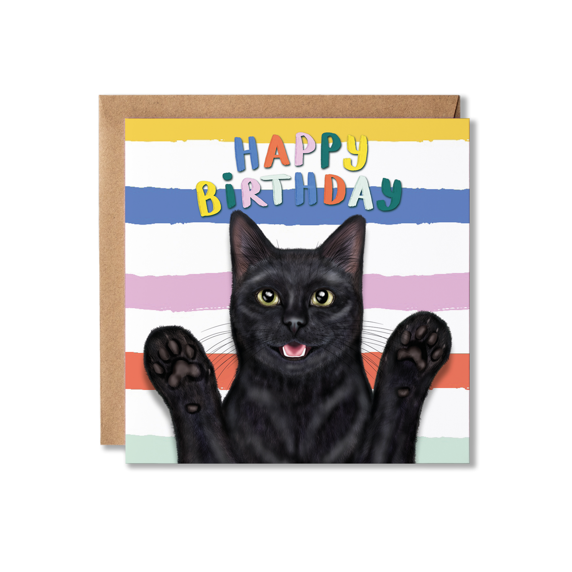 Birthday card with a black cat illustration and colorful 'Happy Birthday' text on a striped background.