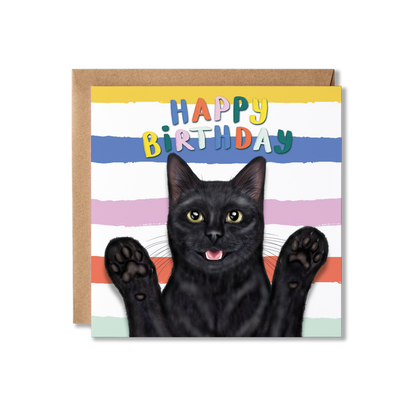 Birthday card with a black cat illustration and colorful 'Happy Birthday' text on a striped background.
