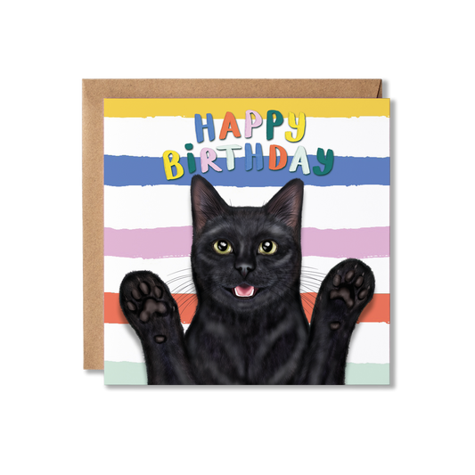 Birthday card with a black cat illustration and colorful 'Happy Birthday' text on a striped background.