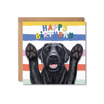 Birthday card with a black Labrador dog and colourful 'Happy Birthday' text on a striped background