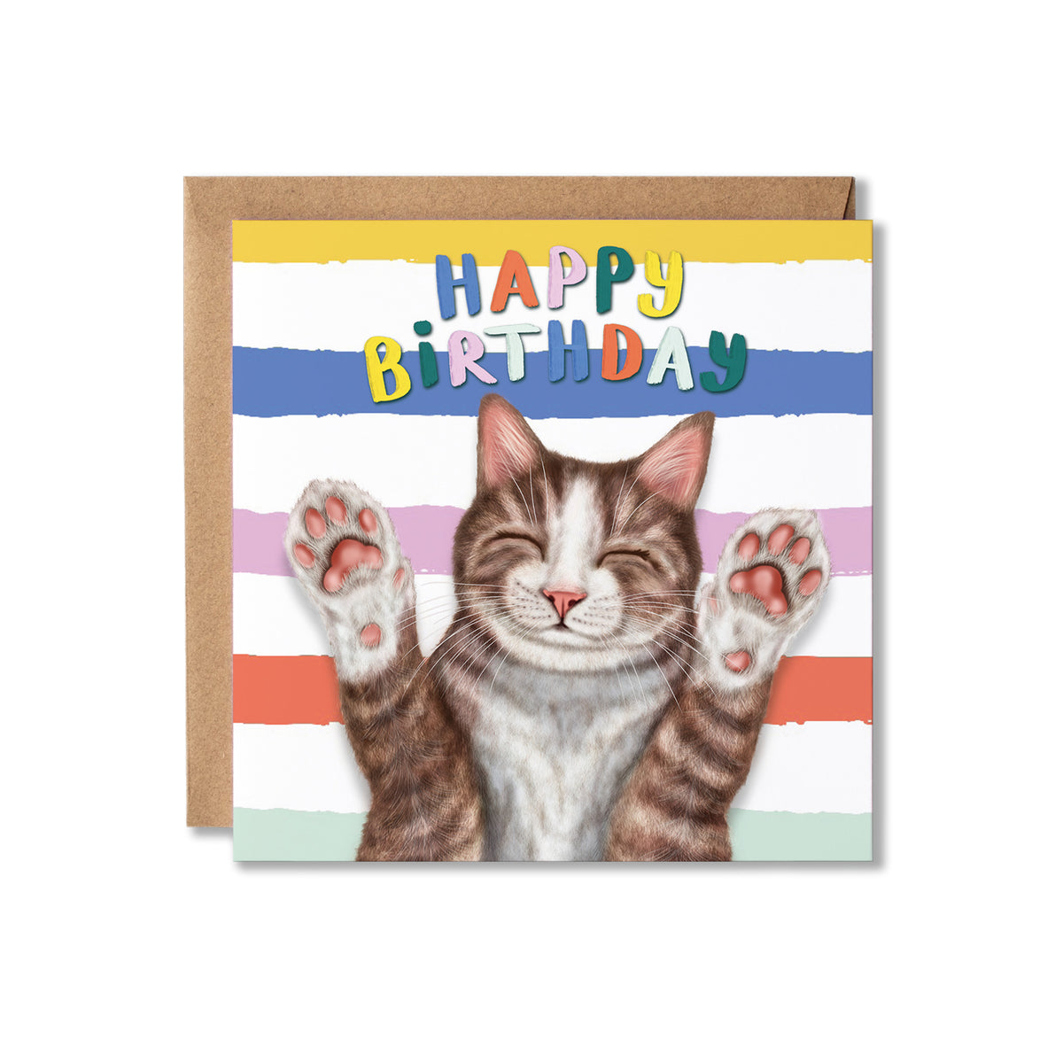 Birthday card with a cat illustration and colourful stripes