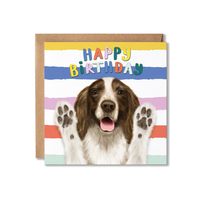 Birthday card with a Spaniel dog and colourful 'Happy Birthday' text on a striped background