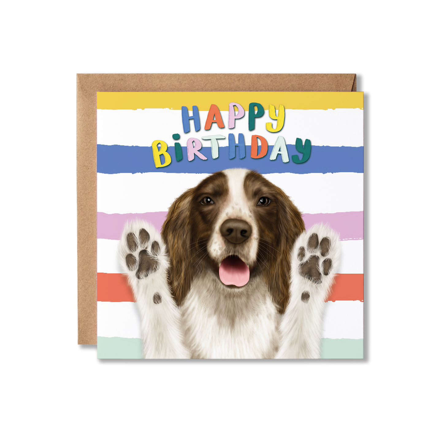 Birthday card with a Spaniel dog and colorful 'Happy Birthday' text on a striped background