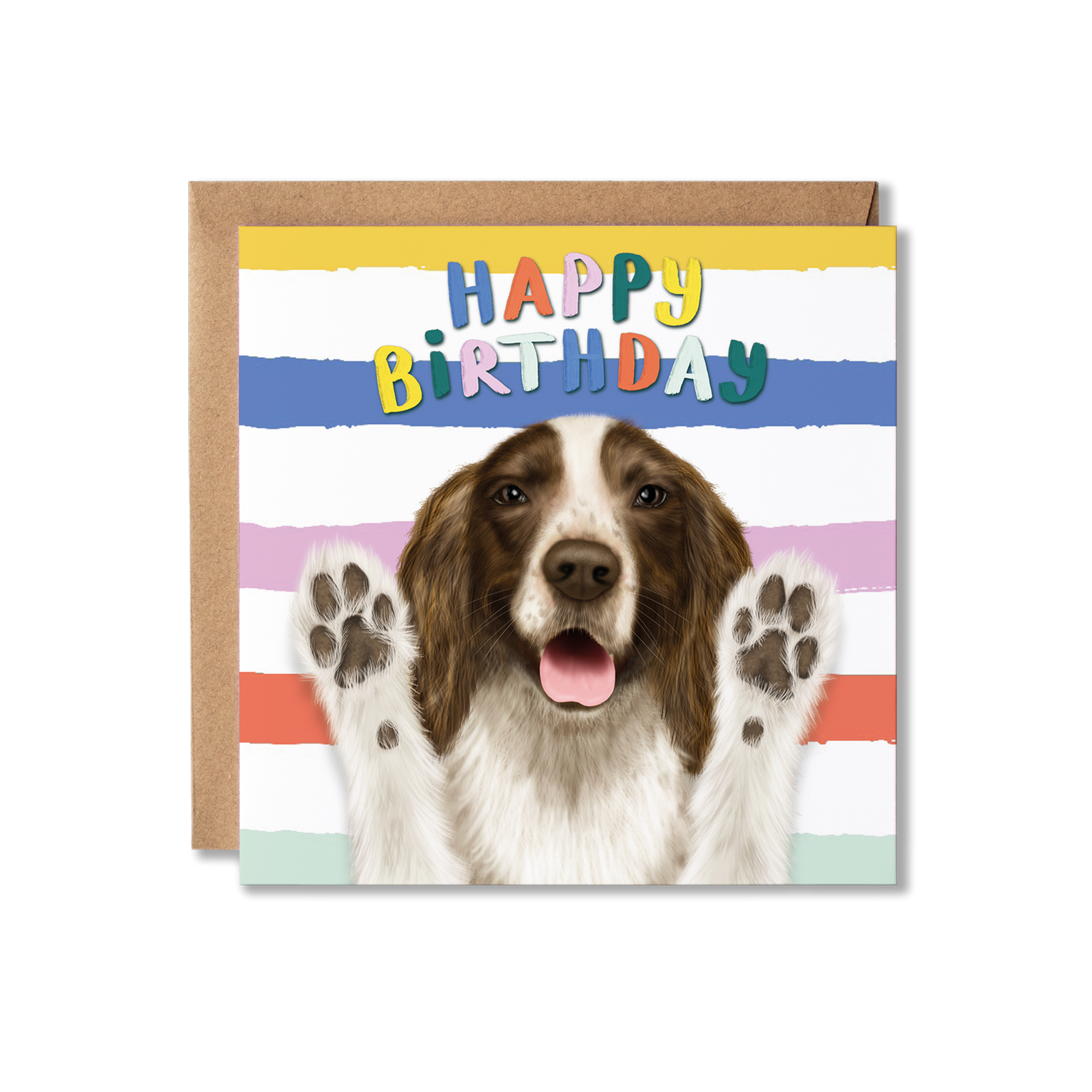 Birthday card with a Spaniel dog and colorful 'Happy Birthday' text on a striped background