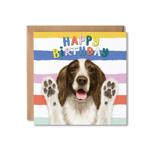 Birthday card with a Spaniel dog and colorful 'Happy Birthday' text on a striped background