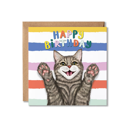 Birthday card with a Tabby cat illustration and colourful stripes