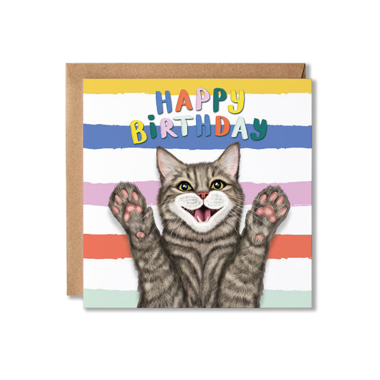 Birthday card with a Tabby cat illustration and colourful stripes
