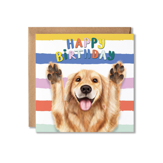 Birthday card with a Golden Retriever dog and colourful 'Happy Birthday' text on a striped background