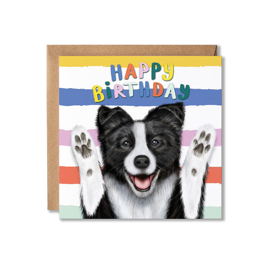 Birthday card with a border collie dog and colourful 'Happy Birthday' text on a striped background.