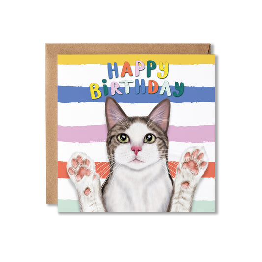 Birthday card with a cat illustration and colourful 'Happy Birthday' text on a striped background.