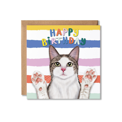 Birthday card with a cat illustration and colorful 'Happy Birthday' text on a striped background.