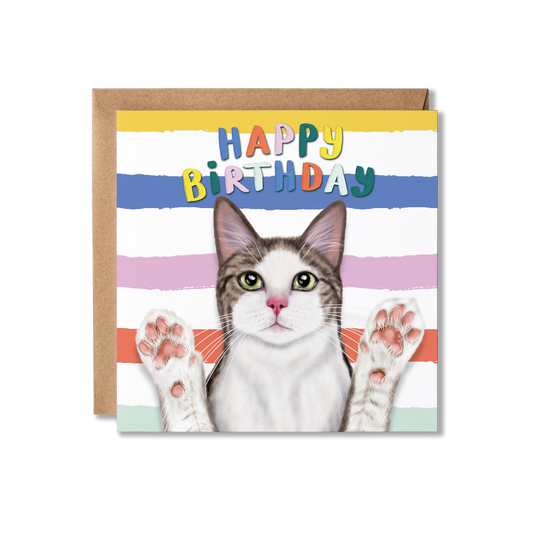 Birthday card with a cat illustration and colorful 'Happy Birthday' text on a striped background.