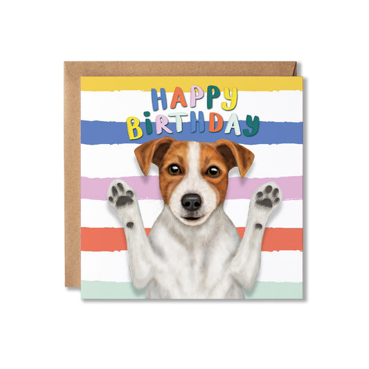 Jack Russell Birthday card with a dog illustration and colourful 'Happy Birthday' text on a striped background.