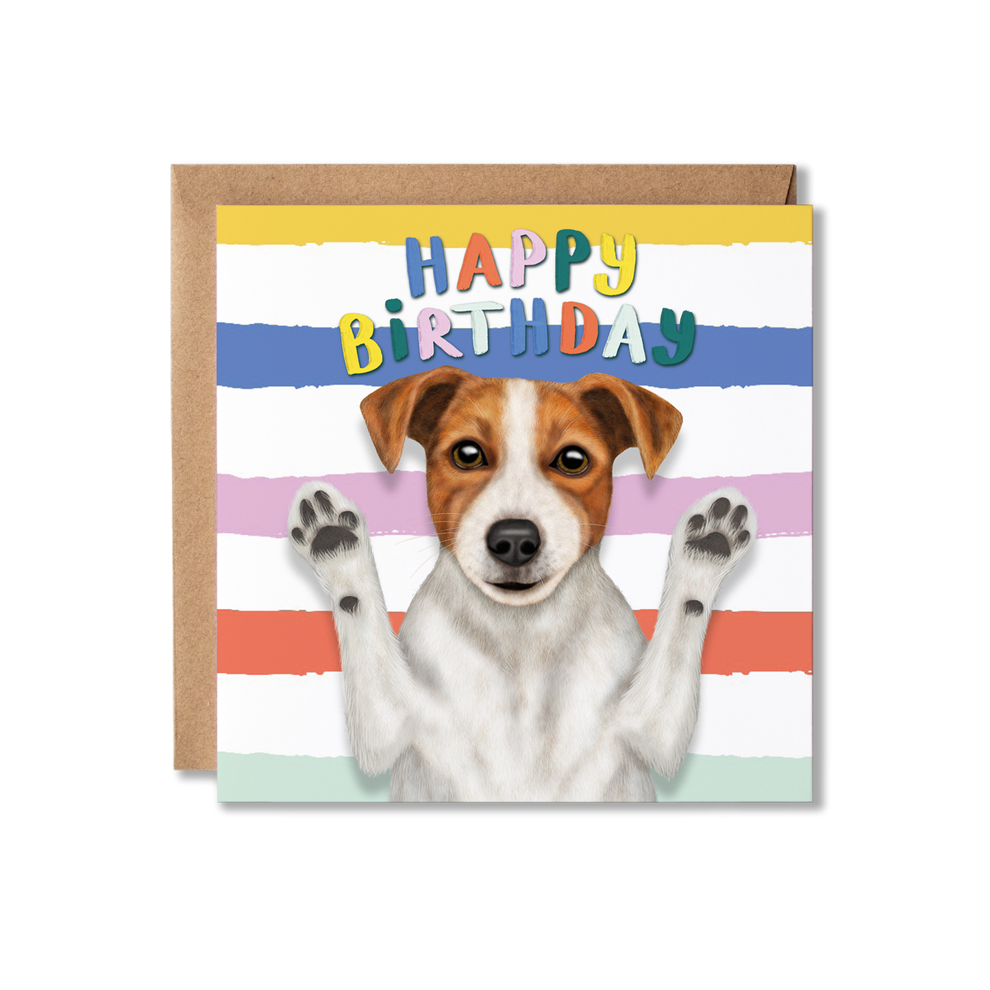 Jack Russell Birthday card with a dog illustration and colorful 'Happy Birthday' text on a striped background.