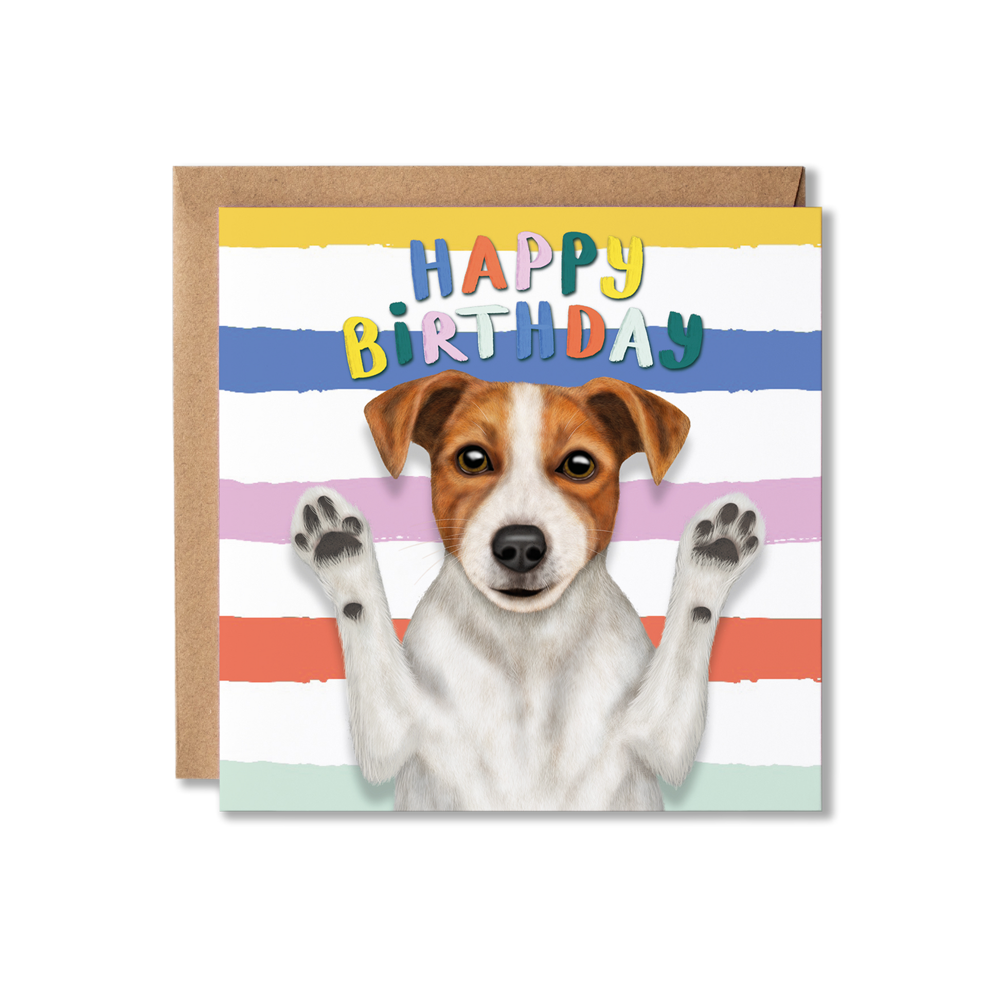 Jack Russell Birthday card with a dog illustration and colorful 'Happy Birthday' text on a striped background.