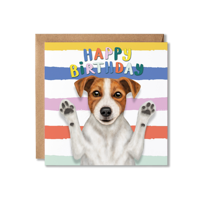 Jack Russell Birthday card with a dog illustration and colorful 'Happy Birthday' text on a striped background.