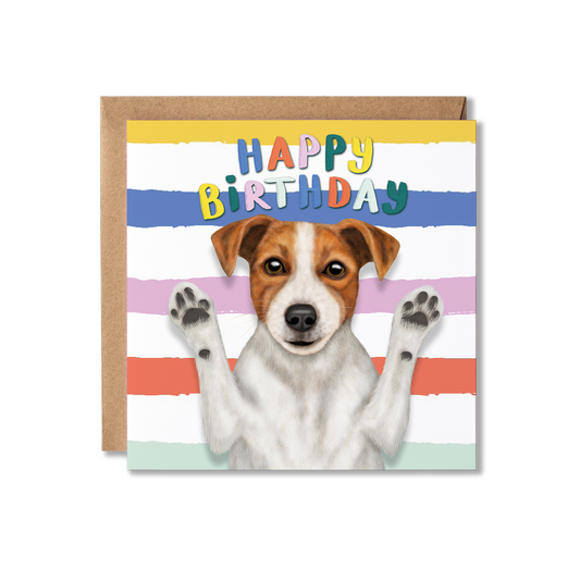 Jack Russell Birthday card with a dog illustration and colorful 'Happy Birthday' text on a striped background.