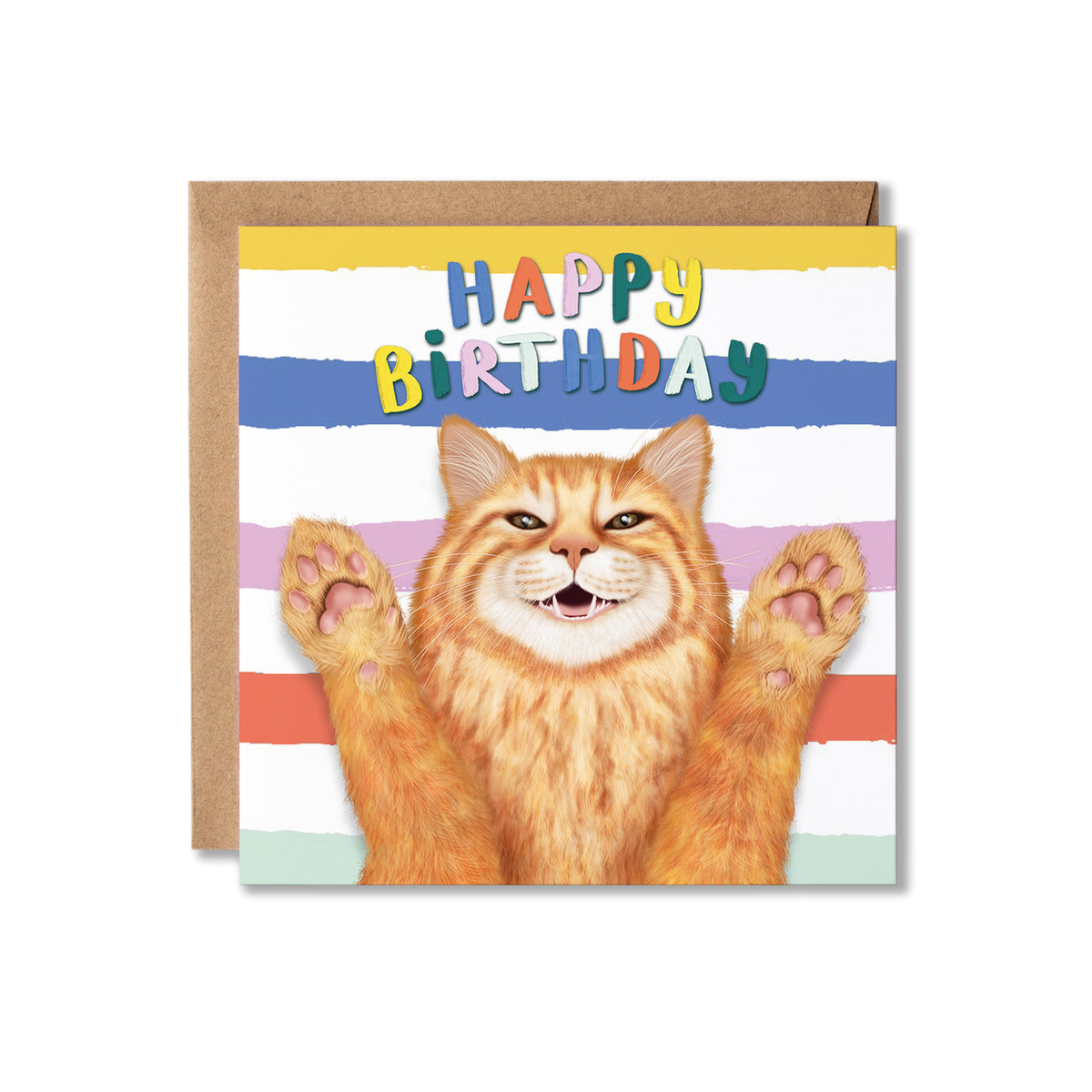 Birthday card with a Ginger Ragdoll cat illustration and colourful 'Happy Birthday' text on a striped background.