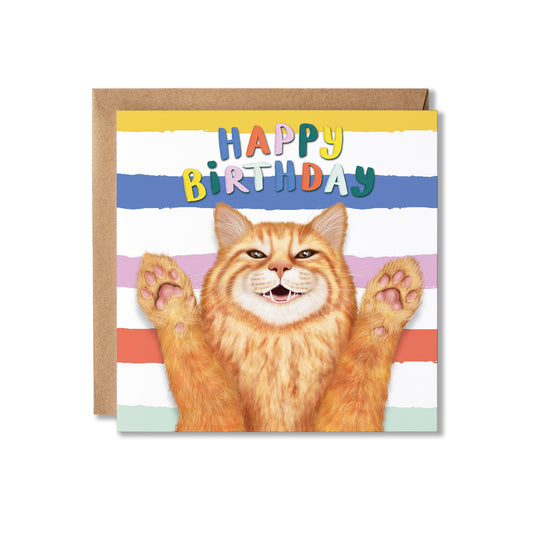 Birthday card with a Ginger Ragdoll cat illustration and colourful 'Happy Birthday' text on a striped background.