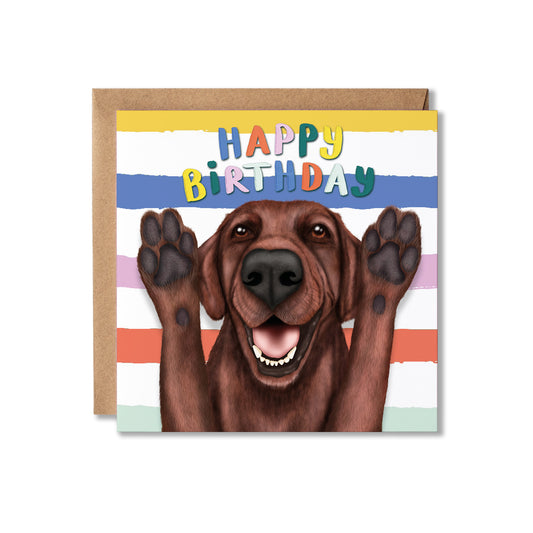 Chocolate Labrador Birthday card with a dog illustration and colourful 'Happy Birthday' text on a striped background.