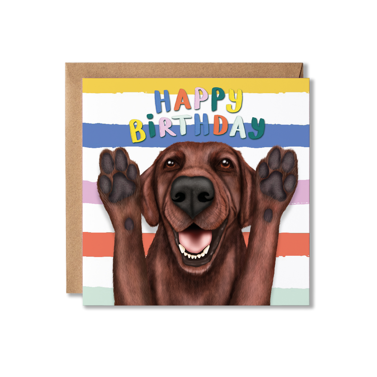 Chocolate Labrador Birthday card with a dog illustration and colourful 'Happy Birthday' text on a striped background.