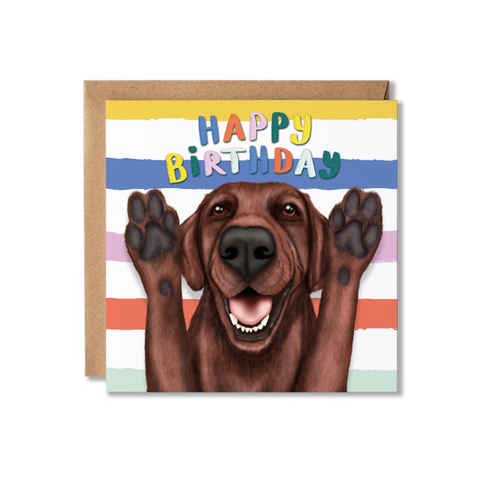 Chocolate Labrador Birthday card with a dog illustration and colourful 'Happy Birthday' text on a striped background.