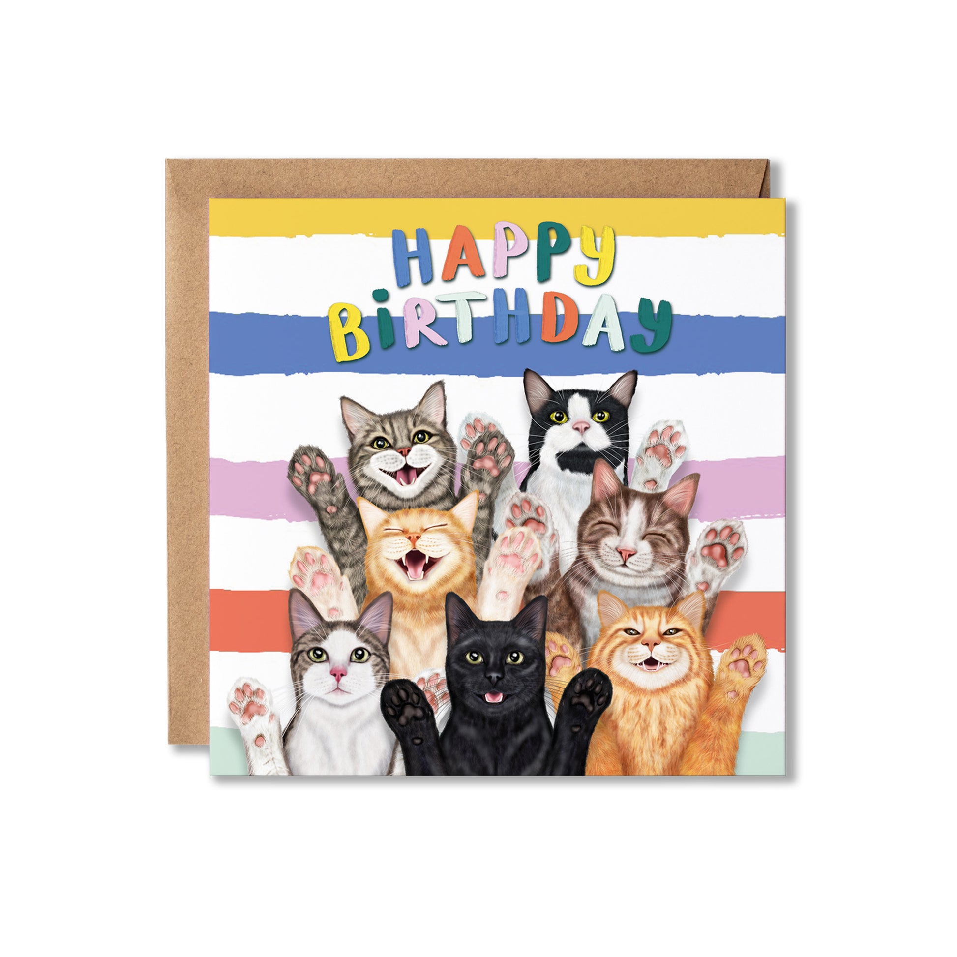 Birthday card with illustrations of seven cats holding up their paws and smiling and colourful text on a striped background