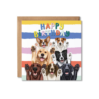 Birthday card with a group of dogs with their paws up and colourful Happy Birthday text on a striped background