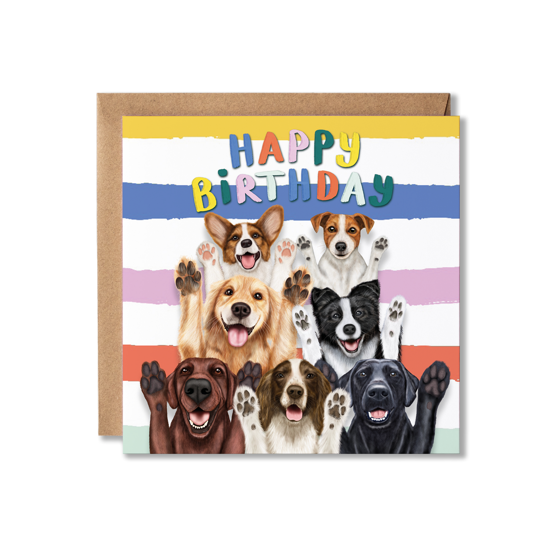 Birthday card with a group of dogs with their paws up and colourful Happy Birthday text on a striped background