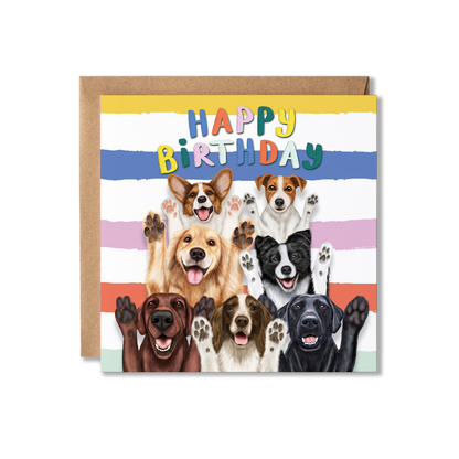 Birthday card with a group of dogs with their paws up and colourful Happy Birthday text on a striped background