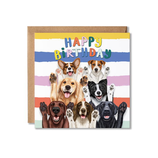 Birthday card with a group of dogs with their paws up and colourful Happy Birthday text on a striped background
