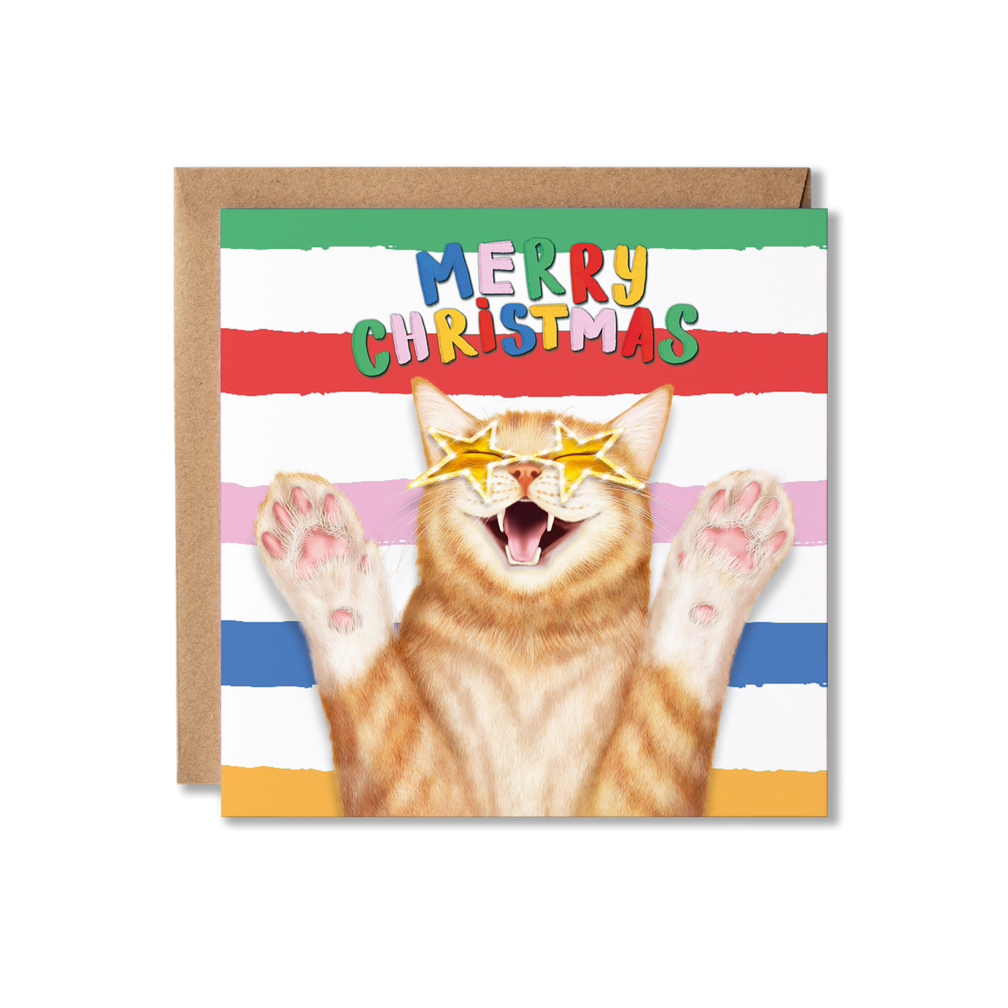 Illustration of a Ginger Tabby cat with it's paws up and star shaped yellow glass on and the words Merry Christmas above on a colourful striped background
