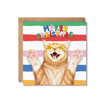 Illustration of a Ginger Tabby cat with it's paws up and star shaped yellow glass on and the words Merry Christmas above on a colourful striped background