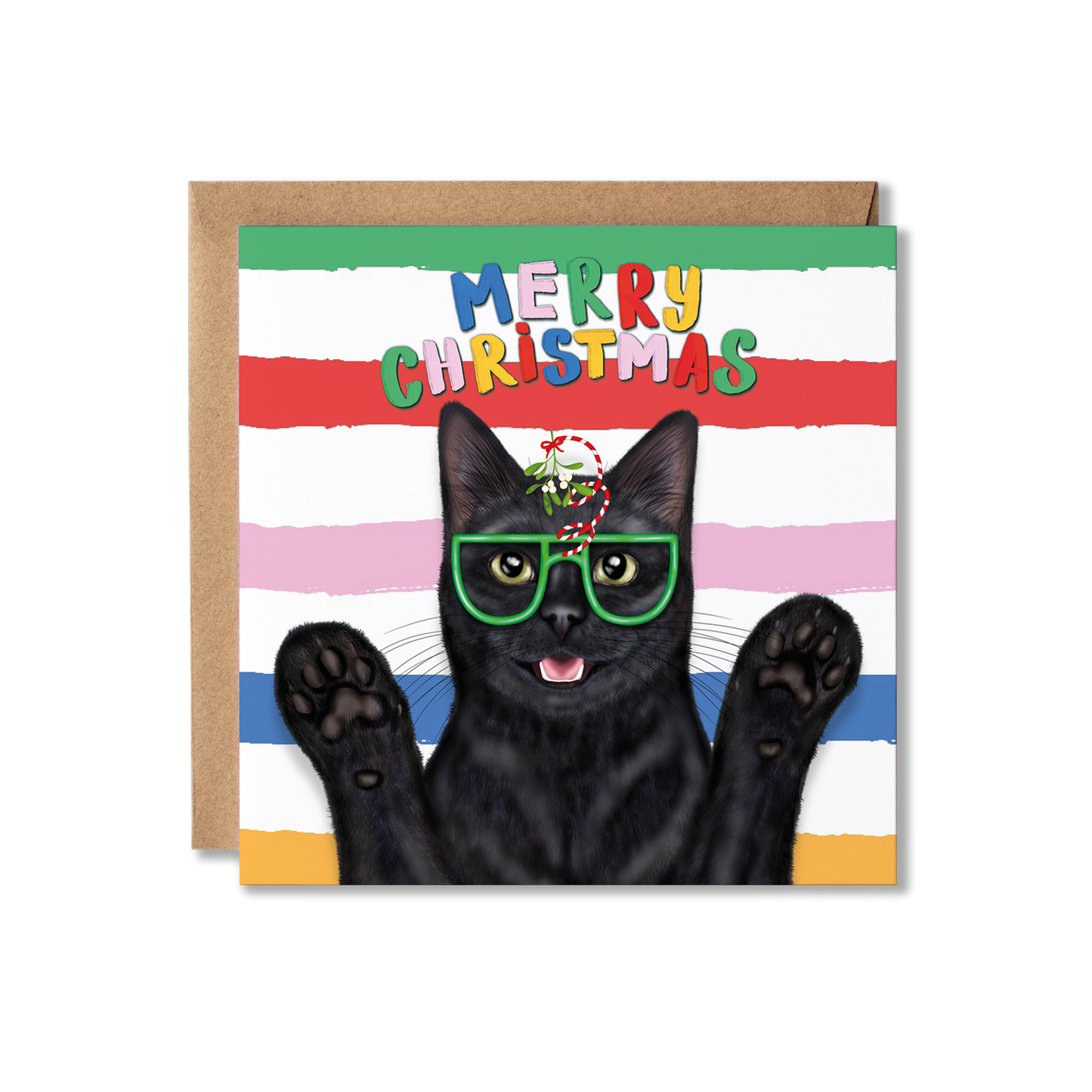 Illustration of a black cat with it's paws up and wearing green glasses with mistletoe attached on and the words Merry Christmas above on a colourful striped background