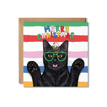 Illustration of a black cat with it's paws up and wearing green glasses with mistletoe attached on and the words Merry Christmas above on a colourful striped background