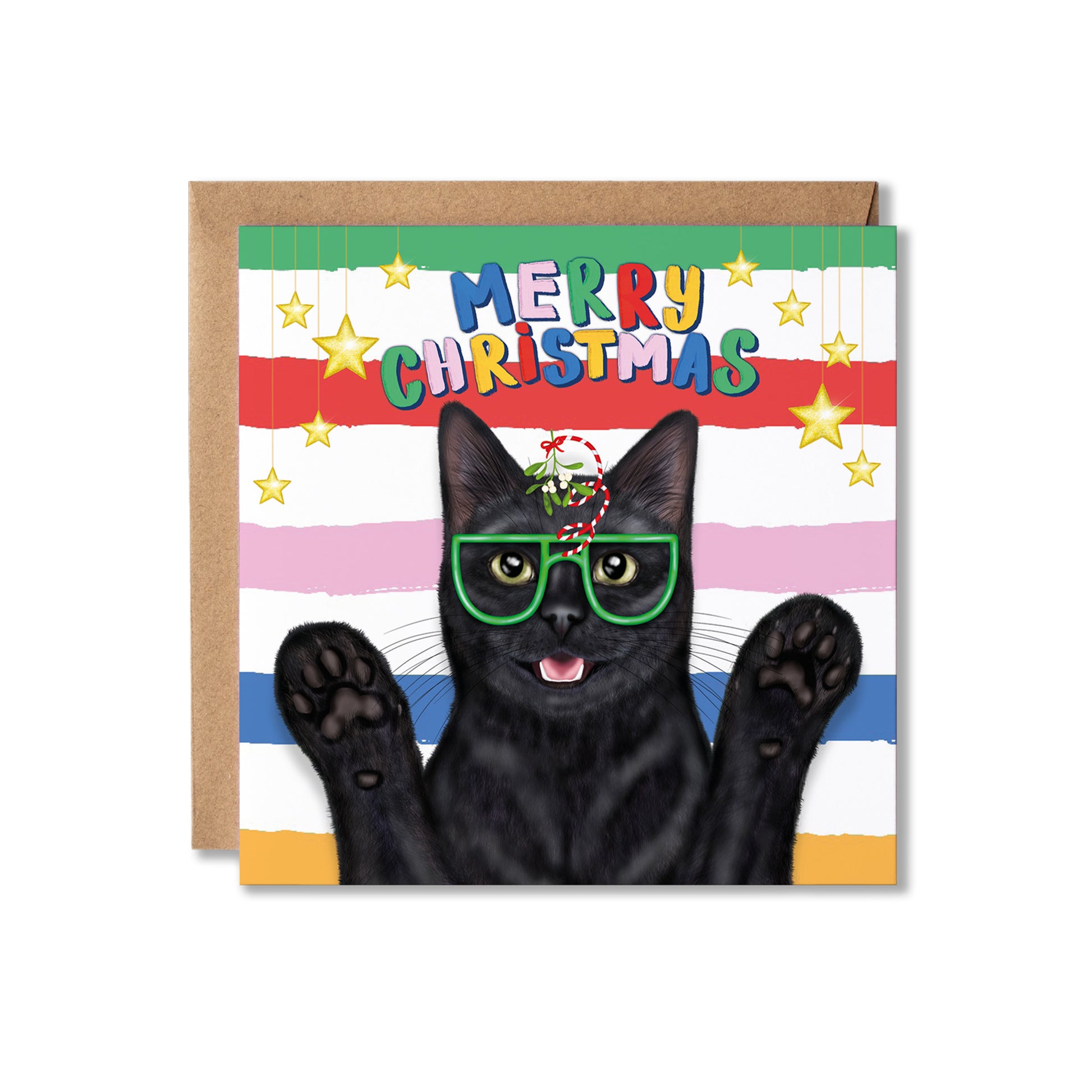 A square Christmas greeting card featuring a black cat wearing green glasses and mistletoe, with colourful striped bands and the words “MERRY CHRISTMAS” across the top with a brown kraft envelope.