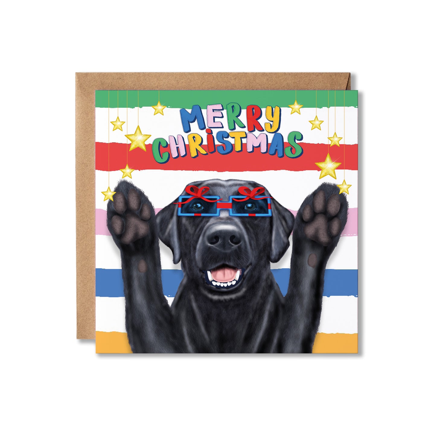 A square Christmas greeting card featuring a black dog wearing present shaped glasses and raising its paws, with the text 'MERRY CHRISTMAS' in colorful letters. The card has a striped background and is shown with a brown kraft envelope.
