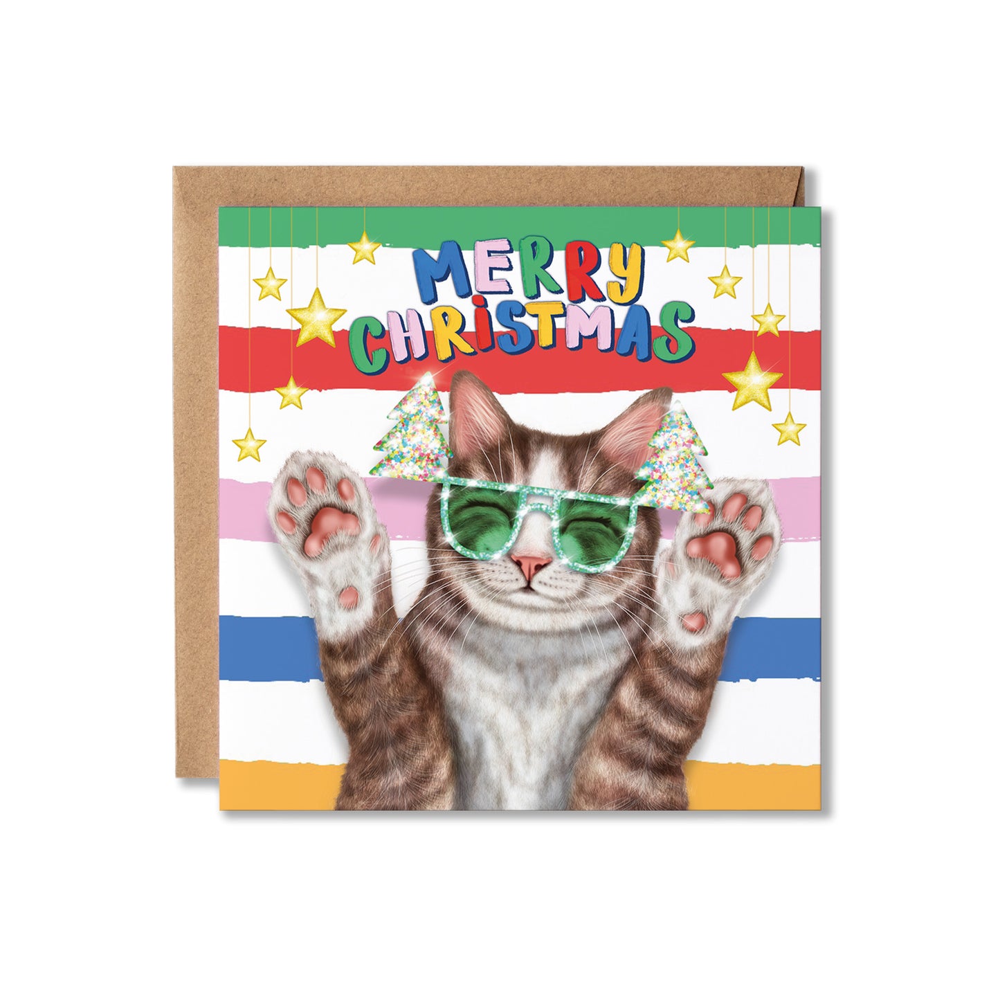 A square Christmas greeting card with a brown kraft envelope behind it. The card features a tabby cat wearing green Christmas tree sunglasses, with colourful striped bands and the text “MERRY CHRISTMAS” across the top.