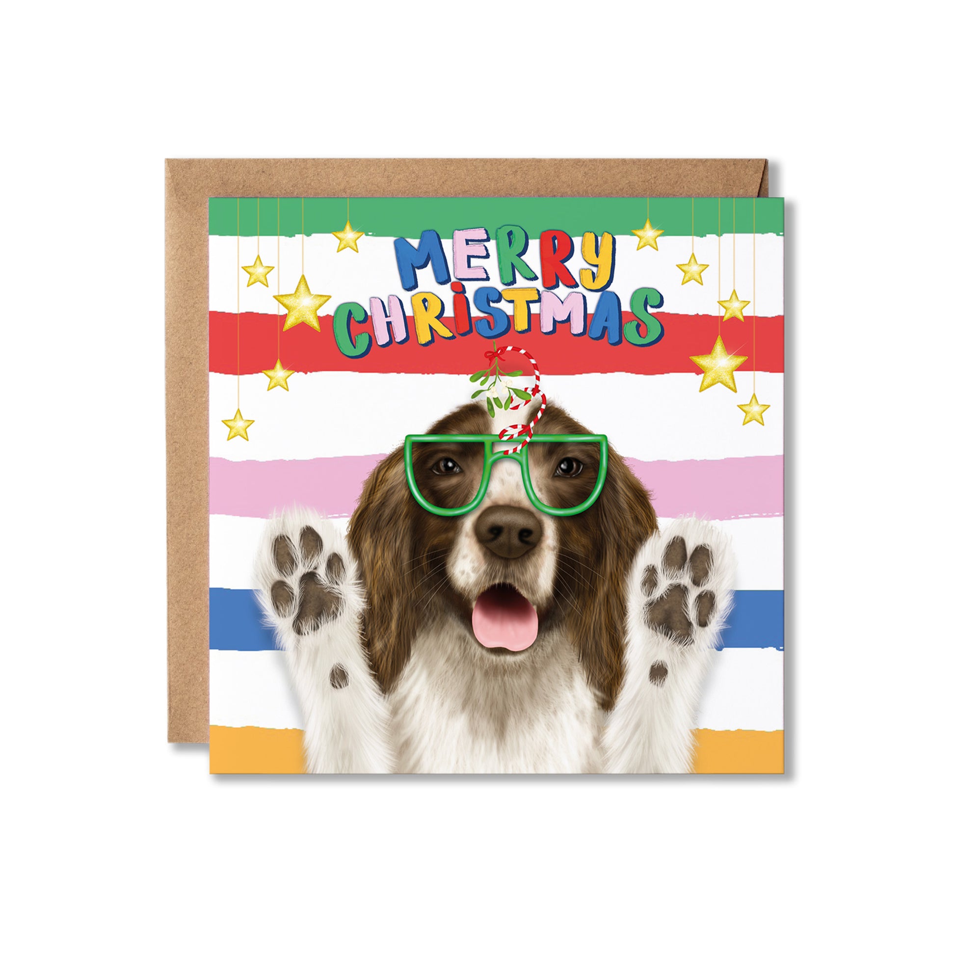 A square Christmas greeting card featuring a brown and white dog wearing green glasses with hanging mistletoe, with colourful striped bands and the text 'MERRY CHRISTMAS' above. A kraft paper envelope is placed behind the card on a white background.