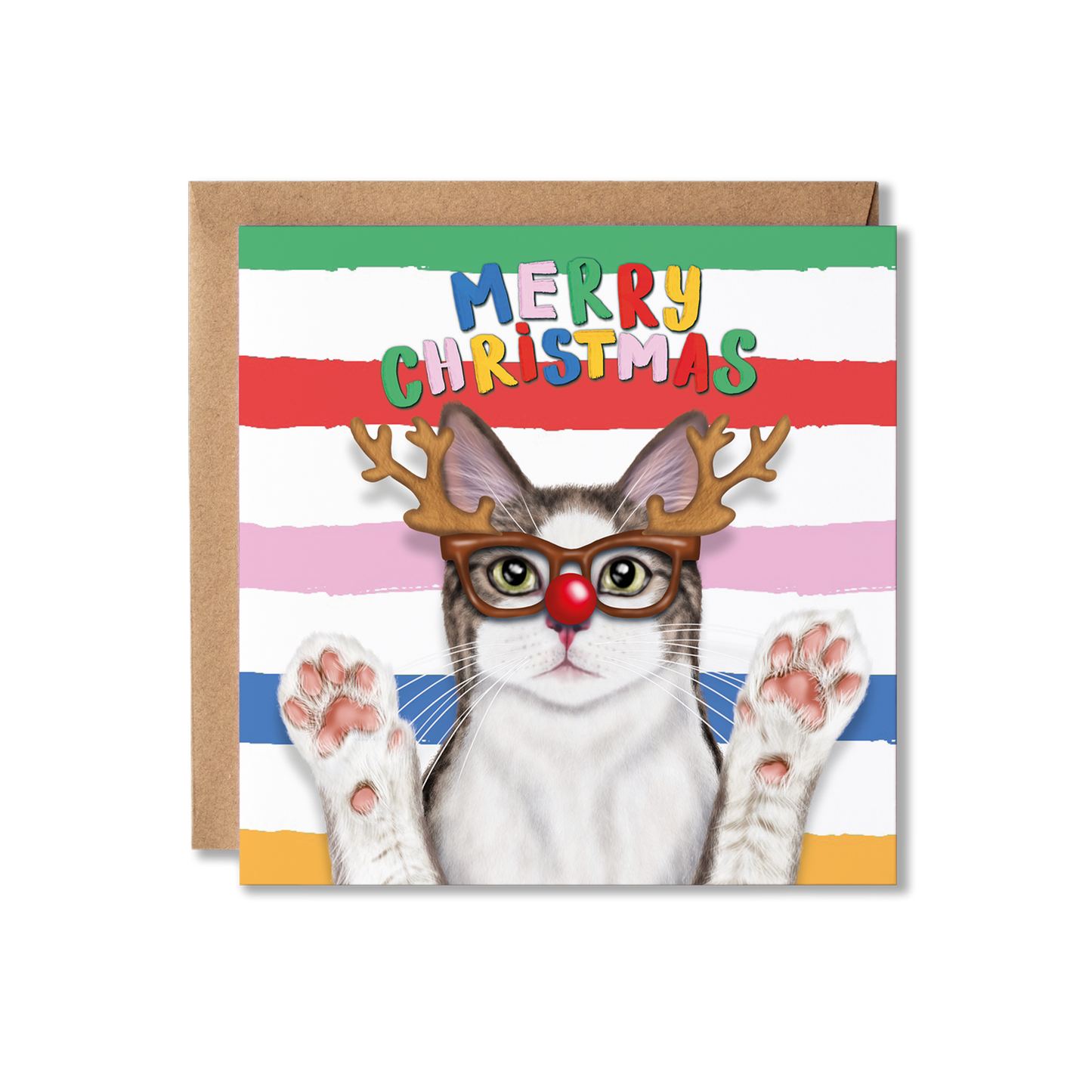 Grey and white Cat Christmas Card | Reindeer glassses