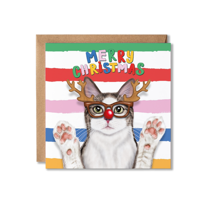 Grey and white Cat Christmas Card | Reindeer glassses