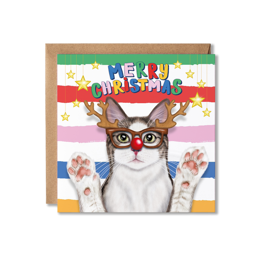 Grey and white Cat Christmas Card | Reindeer glassses