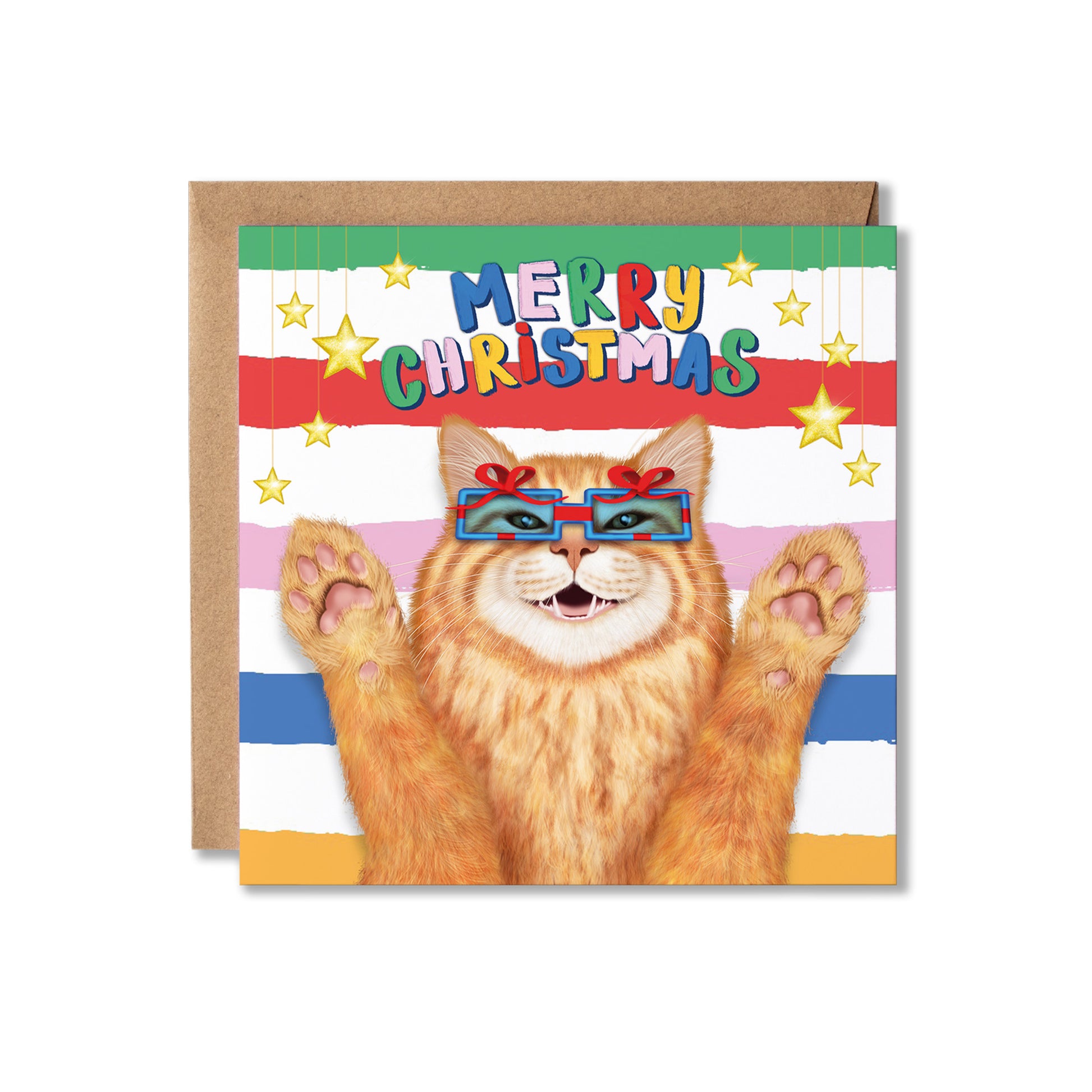 A Christmas greeting card featuring an orange tabby cat wearing blue sunglasses and paws raised, with the text 'MERRY CHRISTMAS' on a striped background, shown with a brown kraft envelope behind it.