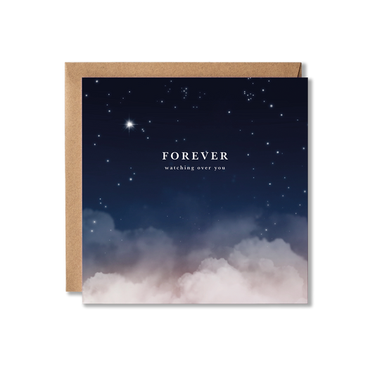 Greeting card with starry night design and 'Forever watching over you' text.