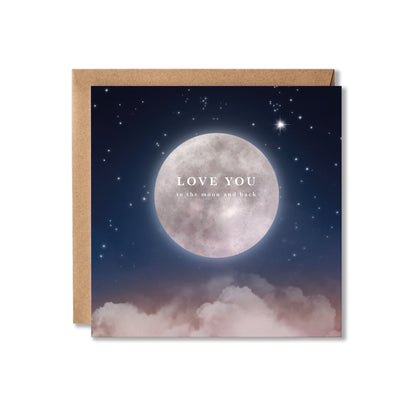 Square greeting card with a kraft envelope, featuring a large full moon and stars in a dark blue night sky with the words 'LOVE YOU to the moon and back' printed on the front.