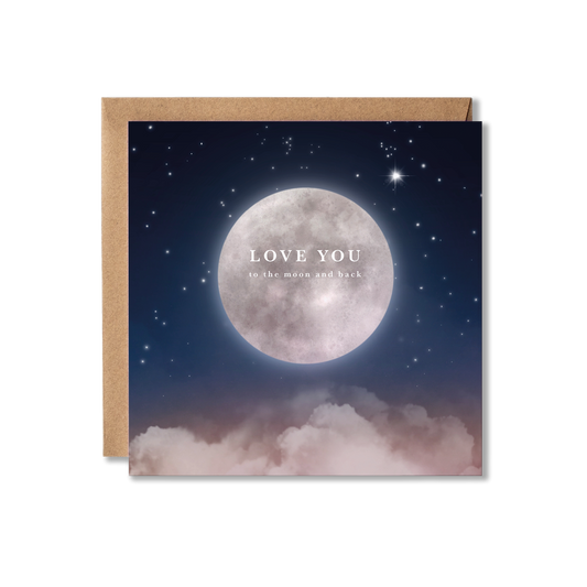 Greeting card with moon and cloud design and 'Love you to the moon and back' text.