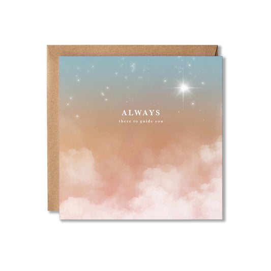 A square greeting card with a kraft envelope, featuring a pastel sky design with clouds in pink and peach, a blue upper sky, white stars, and the text 'ALWAYS there to guide you'.