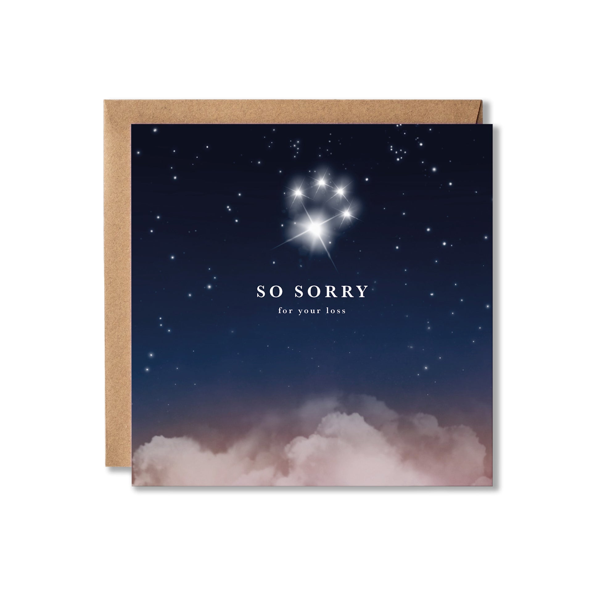 A square sympathy card with a kraft envelope behind it, featuring a night sky design with stars, a bright star paw print cluster, and the text 'SO SORRY for your loss' above soft clouds at the bottom.