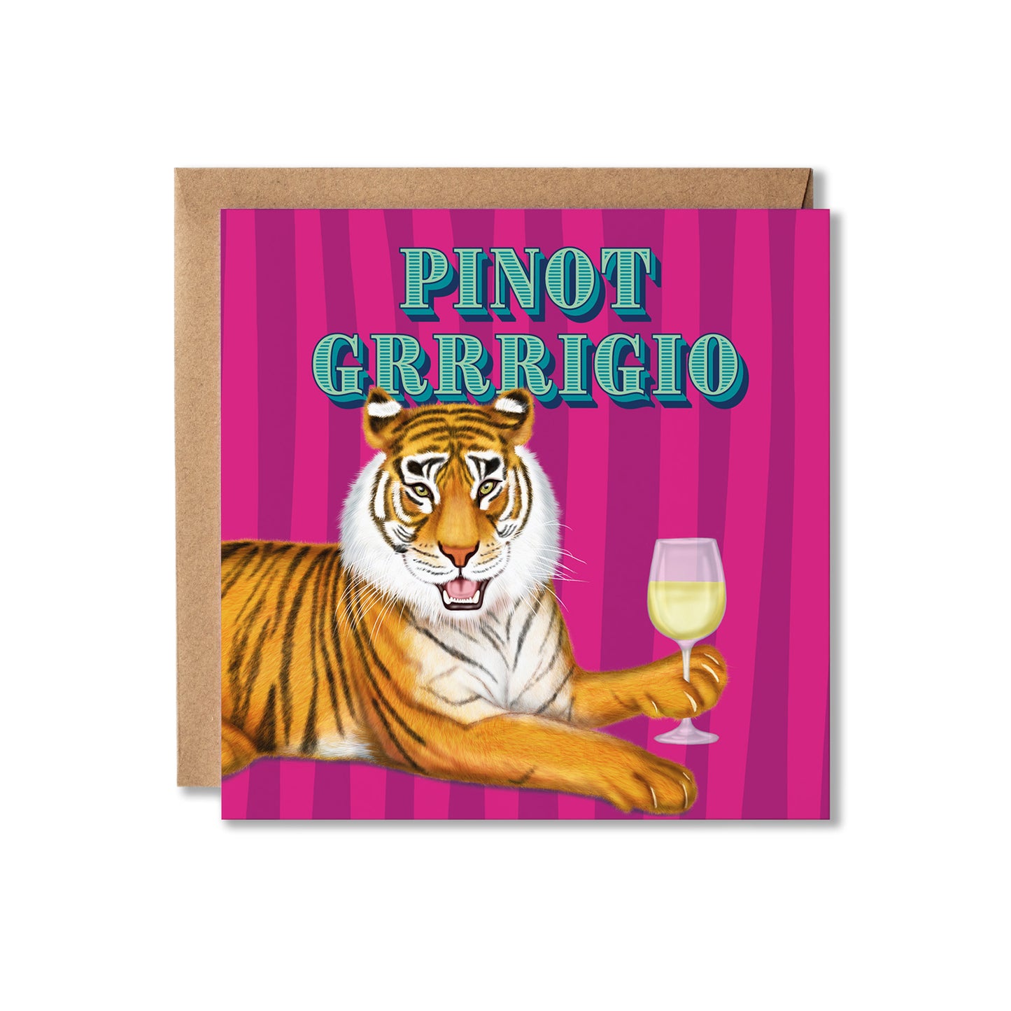 A square greeting card with a kraft envelope behind it, featuring a cartoon tiger holding a wine glass against pink vertical stripes, with the text 'PINOT GRRIGGIO' in teal at the top.