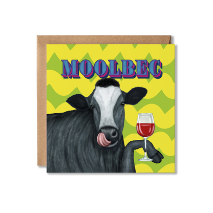 Card with a cow holding a glass of red wine and the word 'Moolbec' on a yellow and green patterned background.